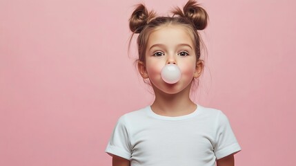 Happy and carefree childhood Fashionable little girl kid blowing gum bubble isolated over pink color background Concept of children emotions fashion beauty back to school travel and ad : Generative AI