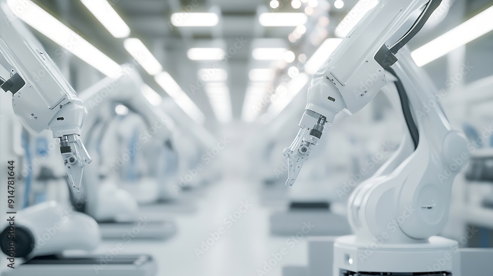 Aufkleber row of white robotic arms at modern factory lithiumion ev battery pack production at automated assem