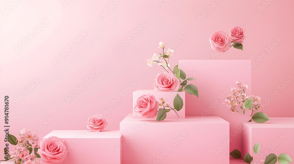 Aufkleber Pink background for product presentation with square podiums of geometric shapes and blooming rose Empty podiums Mockup : Generative AI