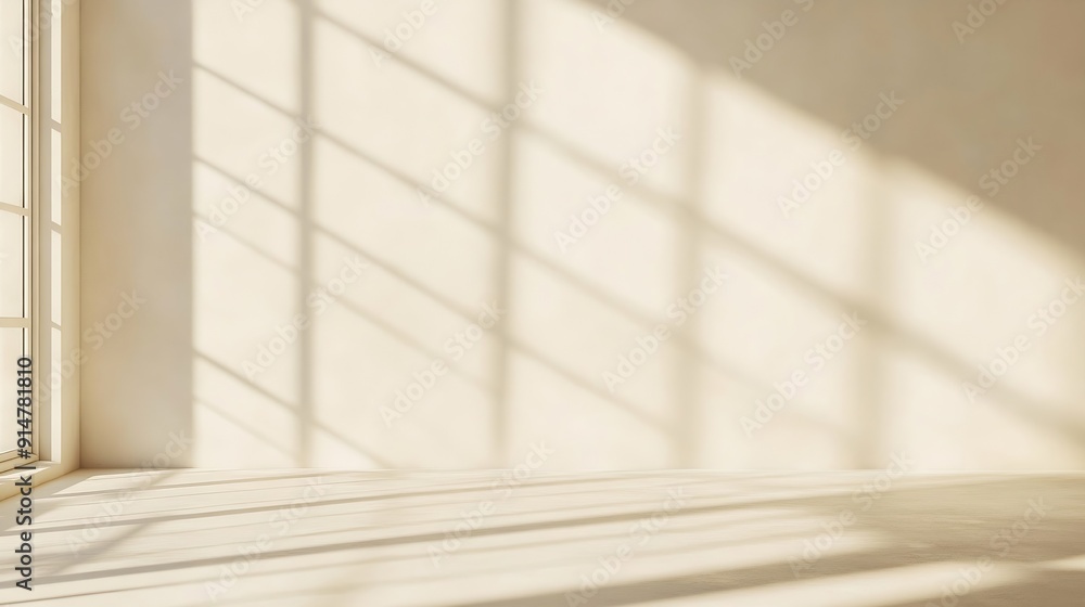 Poster Beige studio background for product presentation Shadow of Window and Sunlight on Empty Room White Wall and Floor Summer concert Blurred backdrop : Generative AI