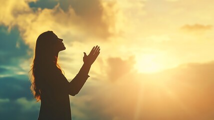 Woman raising his hands in worship Christian Religion concept Silhouette woman on sunrise background Christian female prayers to God in faith Women raise hands in praise with faith and : Generative AI
