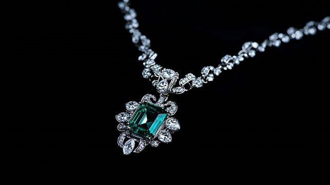 Princess cut emerald necklace with diamonds on black background : Generative AI
