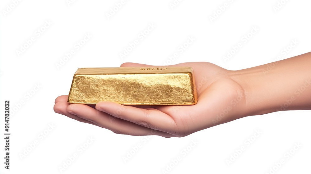 Aufkleber hand holding gold bar isolated on white background hand holding a gold bullion on white background w