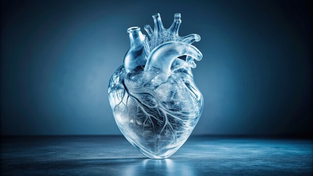 Intricate ice sculpture of a human heart, beautifully detailed and skillfully crafted, ice sculpture, human heart