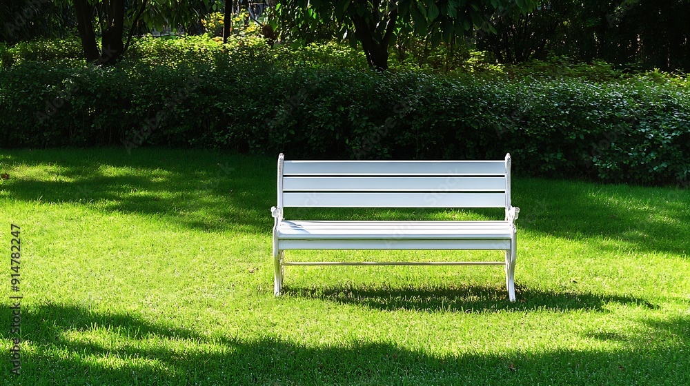 Poster white bench in the park on the background of a green lawn front view : generative ai