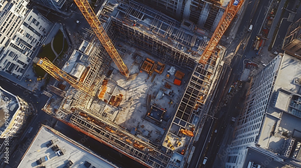 Aufkleber aerial drone shot of building construction finished with vfx city real estate development site trans