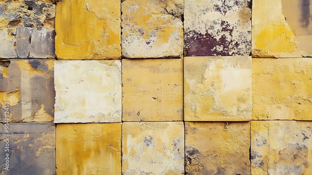Poster processed collage of ancient yellow block wall texture background for banner backdrop or texture for