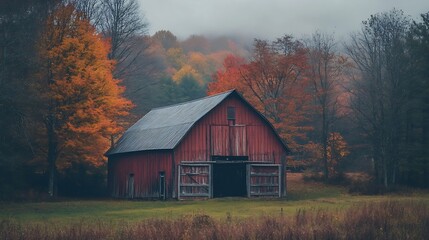 Fototapeta premium Moody Autumn Foliage Barn Country Pondering New England : Generative AI