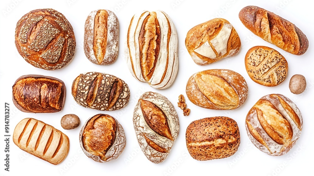 Poster an array of freshly baked sourdough breads with distinct artisanal patterns isolated on a clean whit