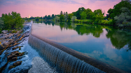 The Heart of Idaho Falls over the Snake River Waterfront in Bonneville County, Idaho, USA: The...