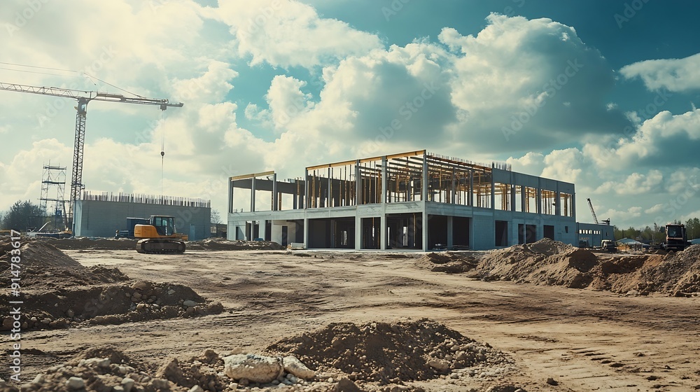 Poster a new factory building is erected on a construction site : generative ai