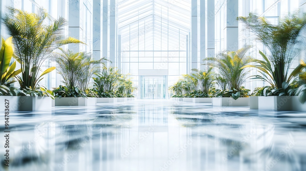 Aufkleber blur background of spacious lobby with high ceilings and marble floors adorned with indoor plants su
