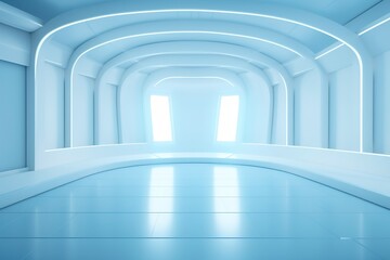 Obraz premium Futuristic blue interior with glowing ceiling and empty floor space.