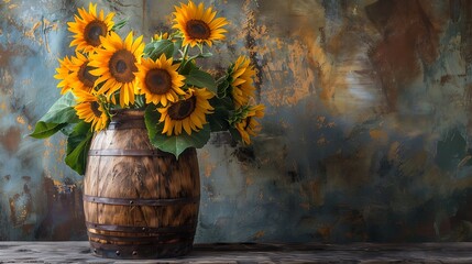 Sunflowers in a Wooden Barrel Against a Rustic Background