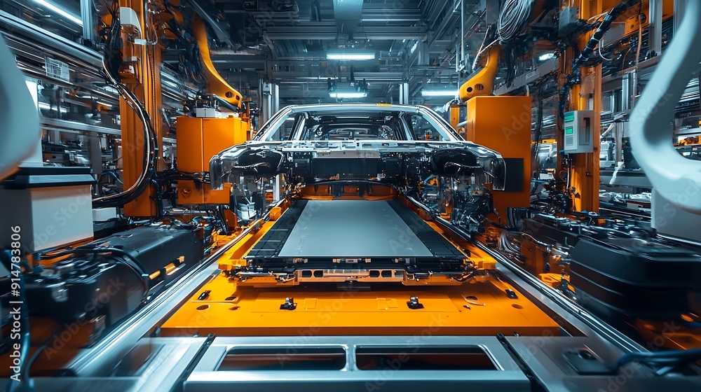 Aufkleber lithiumion ev battery pack assembly process electric car manufacturing inside automotive factory row