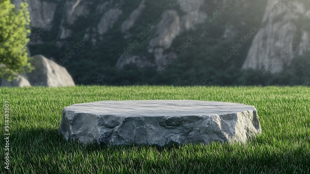 Poster abstract 3d render platform and mockup natural background stone podium on the grass field backdrop m