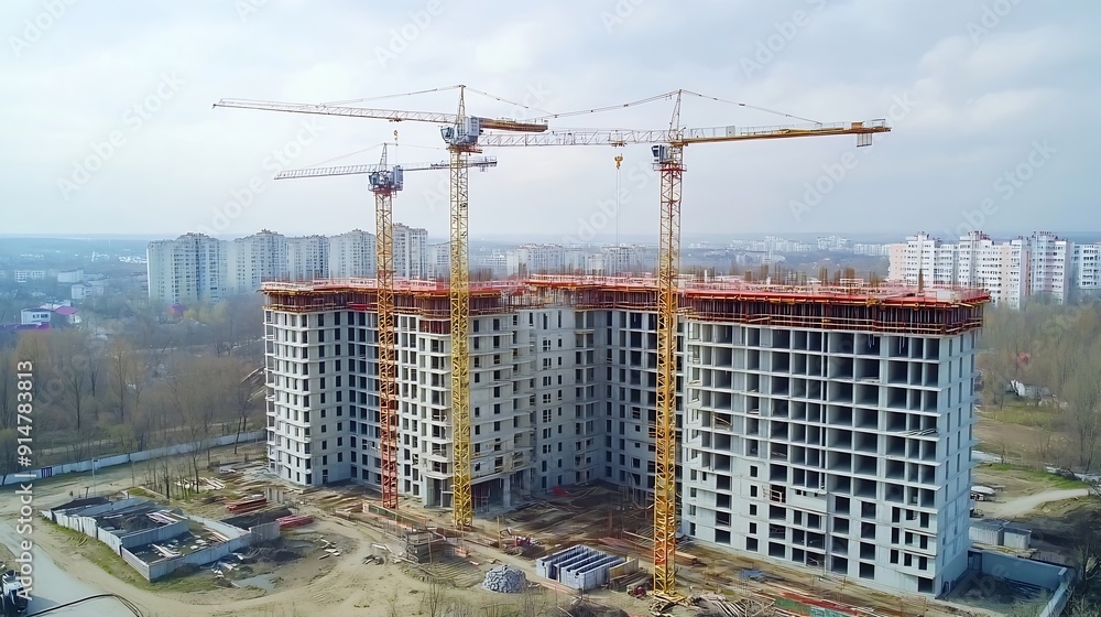 Poster tower crane in action to build multistorey residential building : generative ai