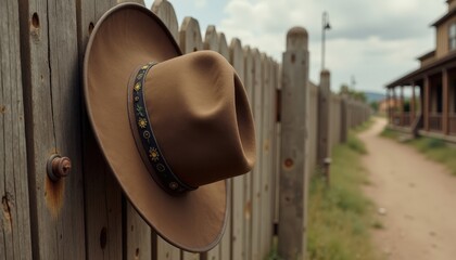 Cowboy hat hanging on a wooden fence.
