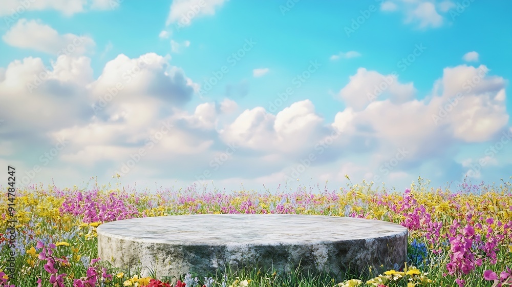 Poster abstact 3d render spring scene and natural background stone podium on the colorful flowers and grass