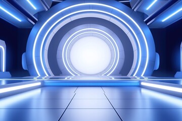 Naklejka premium Futuristic blue neon glowing corridor.