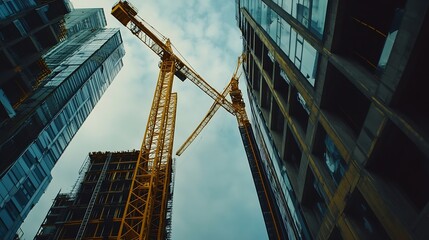 Fototapeta premium Highrise Building Site Looking up at the construction site of a highrise building with yellow crane in the foreground : Generative AI