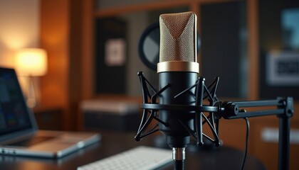 Closeup of Condenser Microphone in Recording Studio.