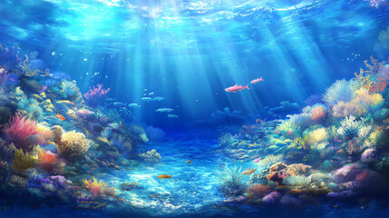Sunbeams illuminate a vibrant underwater coral reef scene.