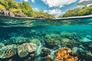 Tropical island with vibrant coral reef underwater.