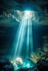 Obraz premium A dramatic shot of a cave entrance with light pouring in, silhouetting the jagged rocks and creating a sense of mystery and adventure