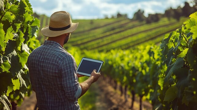 Farmer using smart farming technologies in a vineyard : Generative AI - Powered by Adobe