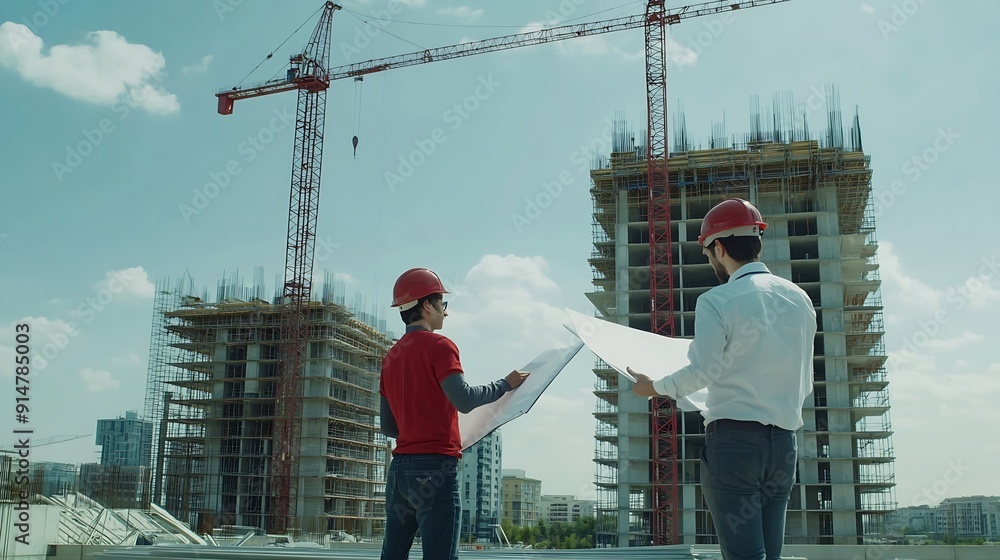 Fototapete Engineers and Architect Caucasian looking at blueprint of building construction planning the work in a professional inspector is looking at steel structure and materials at constructio : Generative AI