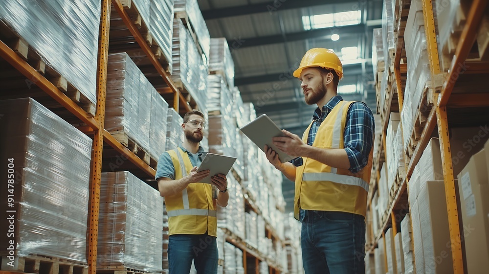 Poster Men tablet and inspection for stock in warehouse with teamwork inventory check and logistics business Quality assurance tech and team discussion in factory for export industry and ecom : Generative AI