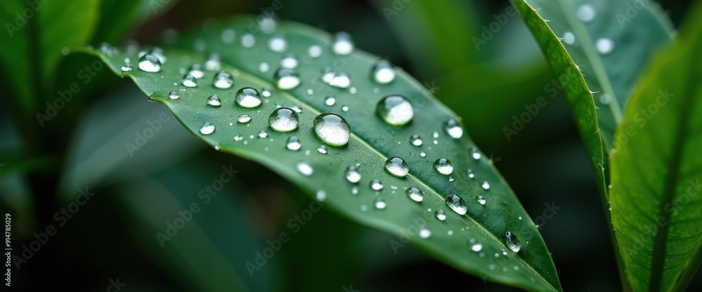 Wall mural dew drops on a green leaf.