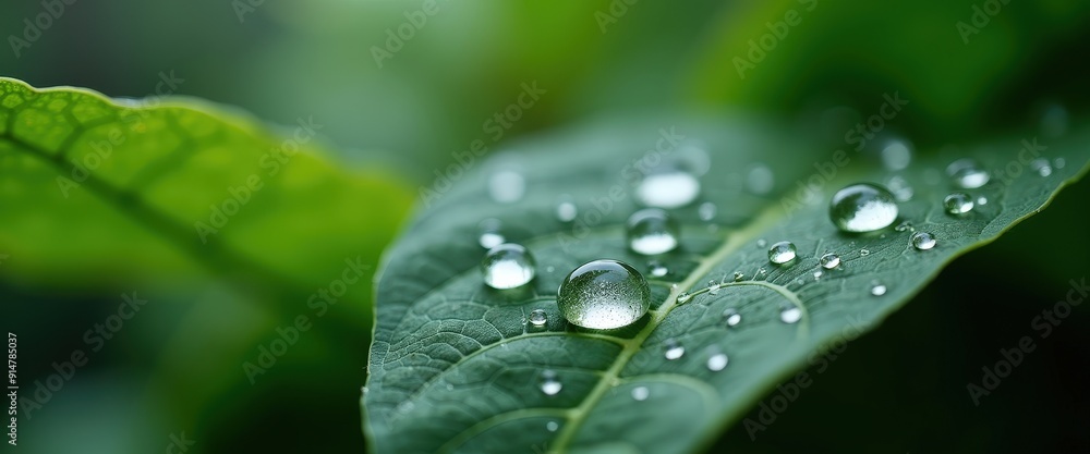 Sticker dew drops on a green leaf.