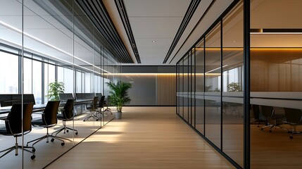 A modern office space featuring sleek design with horizontal lines on the ceiling glass partitions and a welllit conference area with dark chairs : Generative AI
