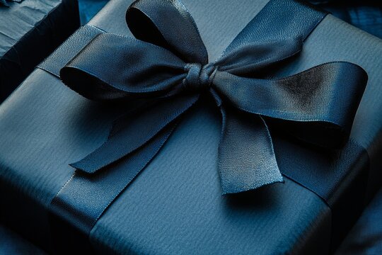 Satin blue ribbon on elegant gift box conveying sophistication and celebration