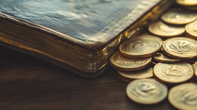 One tenth or tithe is basis on which Bible teaches us to donate one tenth of first fruit to God Coins with Holy Bible Religion donation and funding Giving money the symbol of Christian : Generative AI