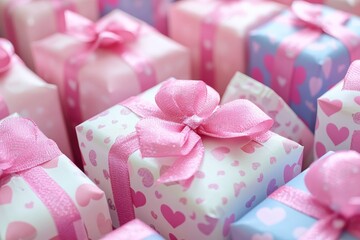 Soft pink gifts adorned with bows perfect for Valentines or Mothers Day symbolizing love and care