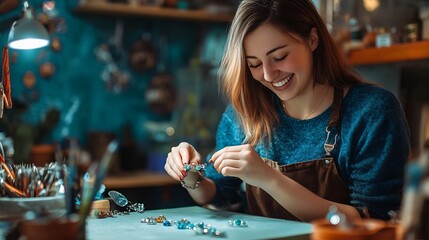 Smiling artisan woman making handmade gemstone jewellery home workshop Women artisan creates jewellery Art hobby handcraft concept : Generative AI