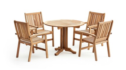 Teak garden furniture set with four chairs and table on white background