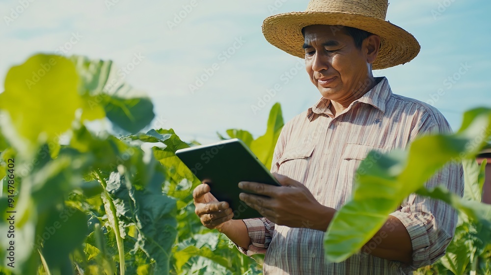 Poster farmer plantation checking quality by tablet agriculture modern technology concept smart farming usi