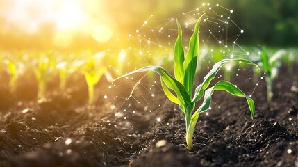 Maize seedling in cultivated agricultural field with graphic concepts modern agricultural technology digital farm smart farming innovation IOT : Generative AI