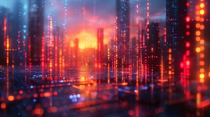 Fototapeta premium Futuristic Finance: Abstract Cyberpunk Cityscape with Neon Financial Graphs - High Contrast 3D Rendering