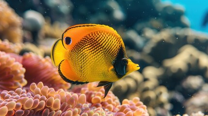 A Yellow and Black Butterflyfish Over Coral