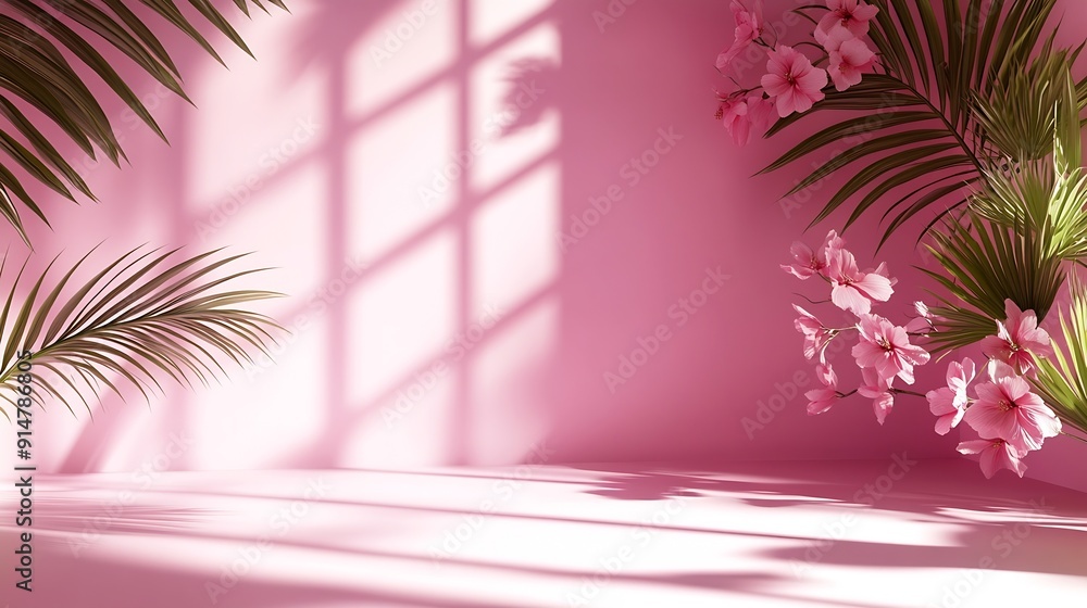 Poster abstract pink studio background for product presentation empty room with shadows of window and flowe