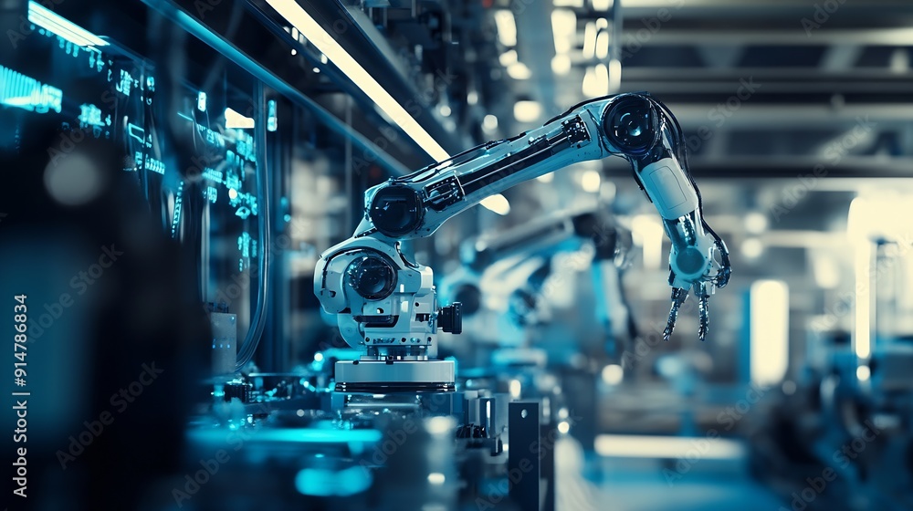 Aufkleber Industry 40 Ai Smart industry of digital factory industrial revolution Engineer control robotics automatic arms machine with monitoring Ai system software Digital manufacturing operati : Generative AI
