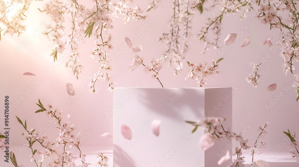 Poster white square podium for display cosmetic and goods with hovering flow of fresh spring flowers on gen