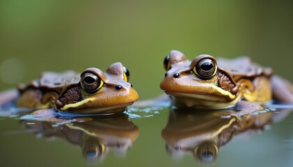 Obraz premium Two Frogs in Water with Reflections.