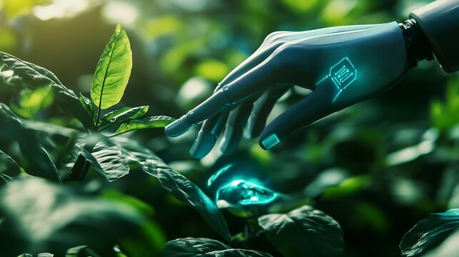 smart agriculture futuristic industry 40 technology concept cyborg hand put to touch hand with green leaves with hud technology including artificial intelligence 5g to analysis data of : Generative AI