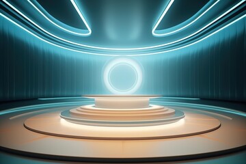 Futuristic circular platform with glowing lights.